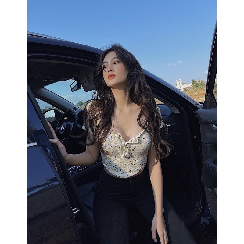 Áo croptop nữ tay ngắn HHVINTAGE kiểu tà bầu bấm nút Top A15