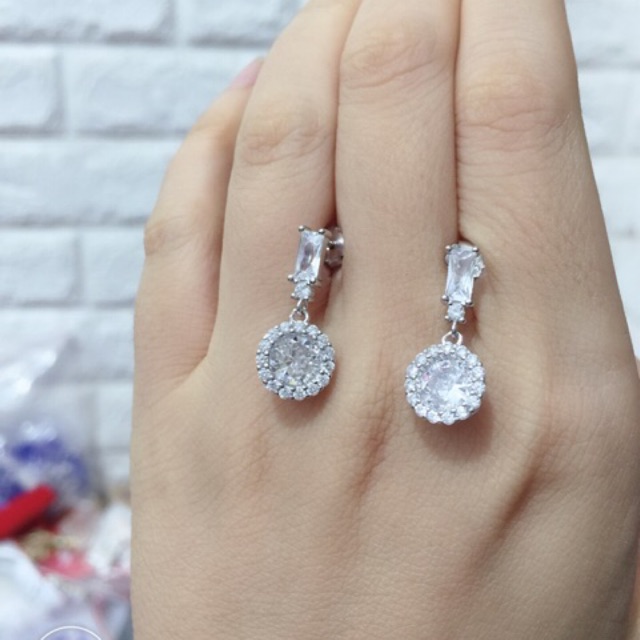 Bông tai treo đá nhân tạo siêu sáng 7li bạc thật xi kim siêu đẹp nét