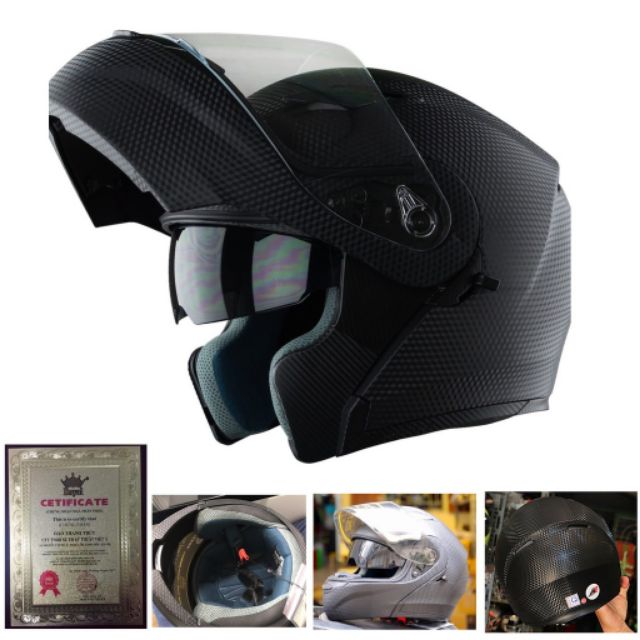 Mũ Bảo Hiểm Fullface Lật Cằm 2 Kính Royal M179 Vân Carbon - size L và XL