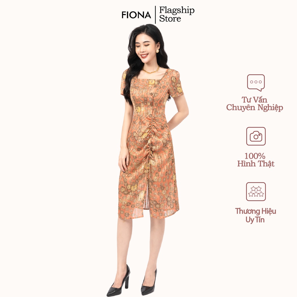 Đầm Suông Thiết Kế Công Sở FIONA, Đầm Nữ Cổ Vuông Rút Lệch Eo Quyến Rũ Xinh Đẹp Màu Cam Mã F451275