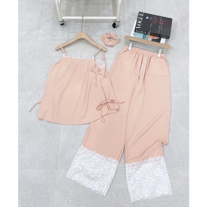 set bộ pijama mặc nhà sexy quyến rũ cột dây nơ phối ren cao cấp cực sang