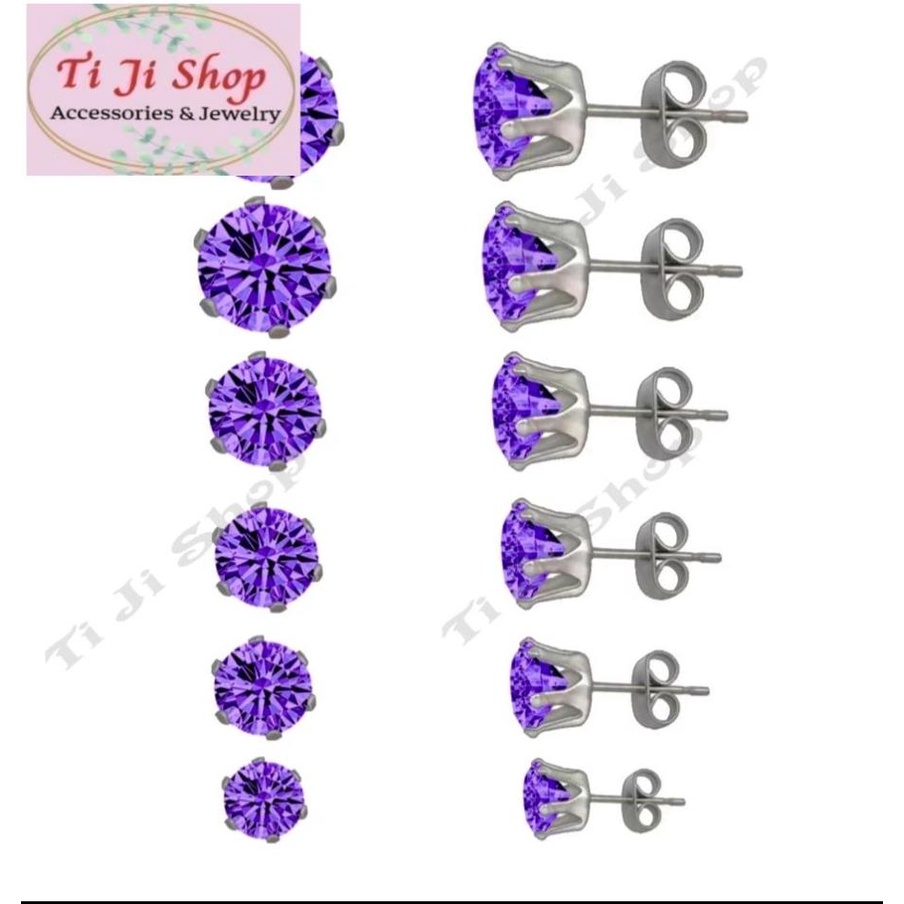 Bông tai inox đá tròn màu tím cao cấp không đen, không gỉ sét,  không dị ứng