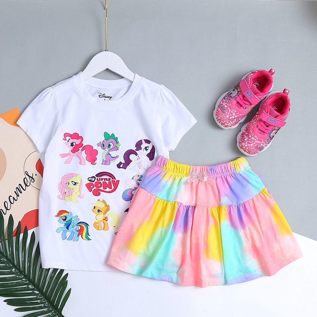 Set áo + váy ngắn tay thun cotton bé gái in 3D Disney Bạch Tuyết, Elsa, Mickey và Pony size 4-14T