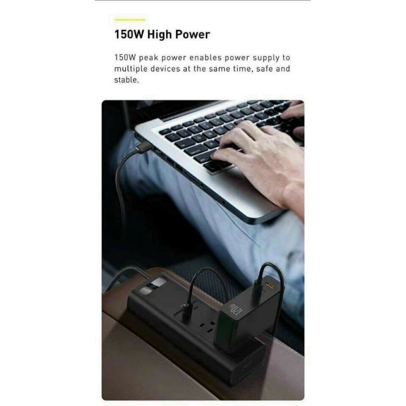 Bộ đổi nguồn ô tô thành 110V/150W 2 với 1 cổng sạc UsB + 1 Type C và 2 ổ cắm điện 110v