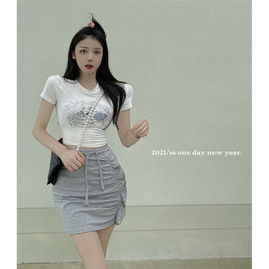 Tshirt women cartoon print love sweet sexy hot girl tight fitting white short sleeved top