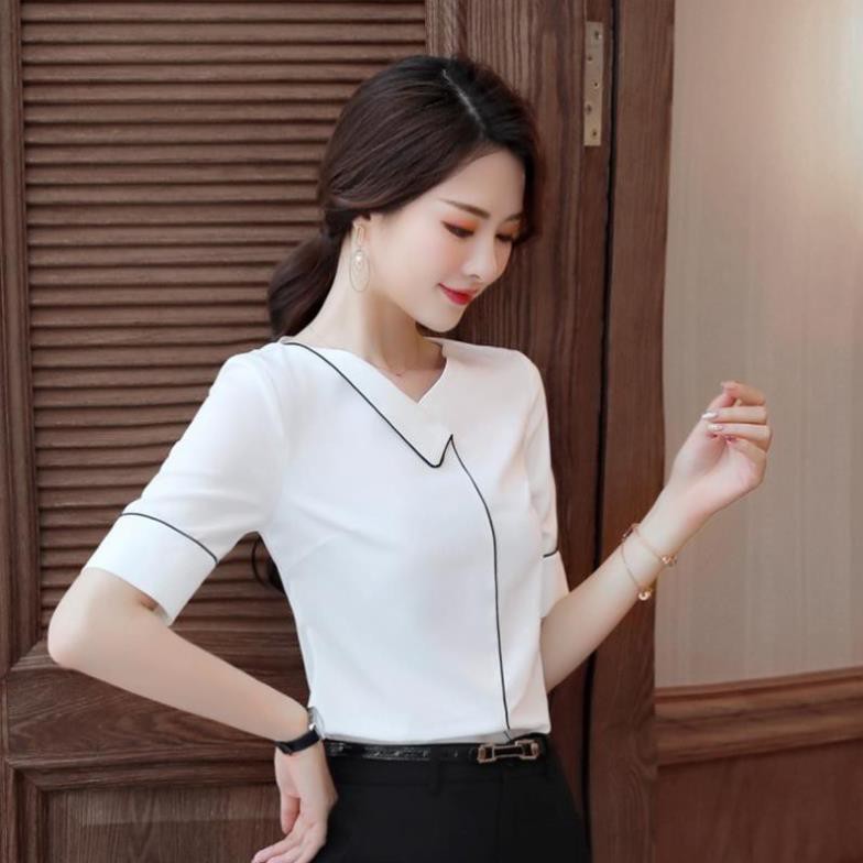 Áo Sơ Mi Nữ VNXK Cao Cấp SM176 - Áo Công Sở Nữ Thiết Kế Lụa Tay Lỡ Cổ Đáp Viền Đen - TINI Shop