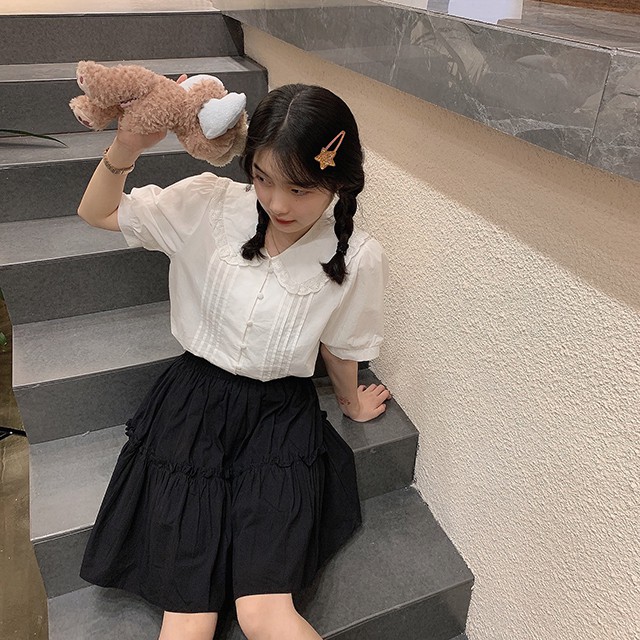 Áo sơ mi nữ trắng cộc tay cúc bọc cổ sen, Áo sơ mi nữ ngắn tay bồng babydoll