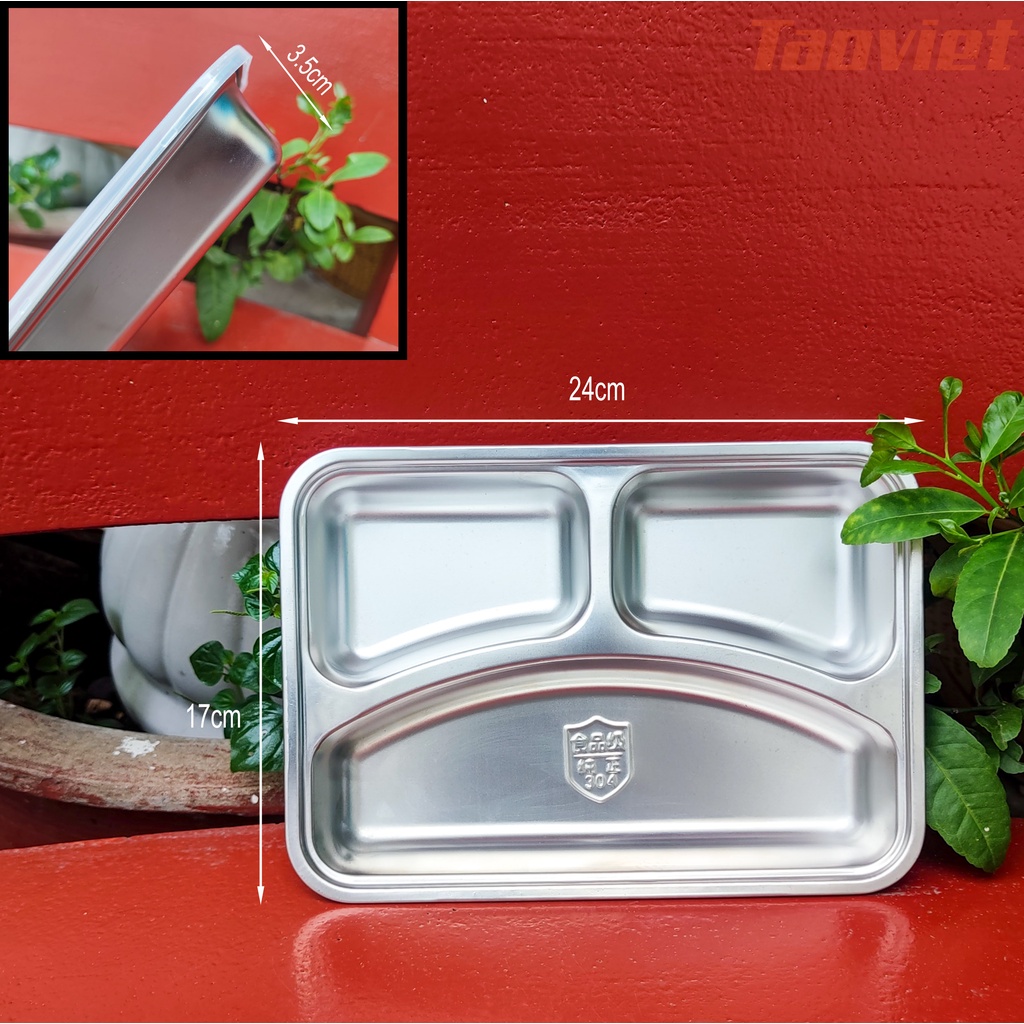 Khay Cơm Phần cỡ 24*17CM 3 ngăn cỡ nhỏ tiểu học hình chữ nhật bằng Inox 201 Inox 304 Cao Cấp