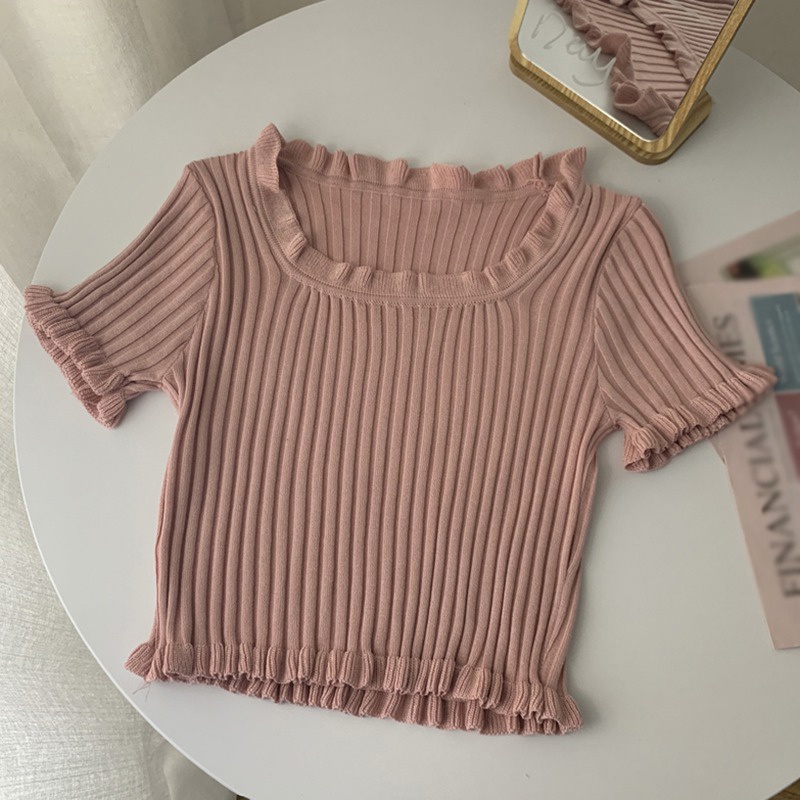 Áo croptop dệt kim tay ngắn cổ vuông thời trang mùa hè trẻ trung cho nữ