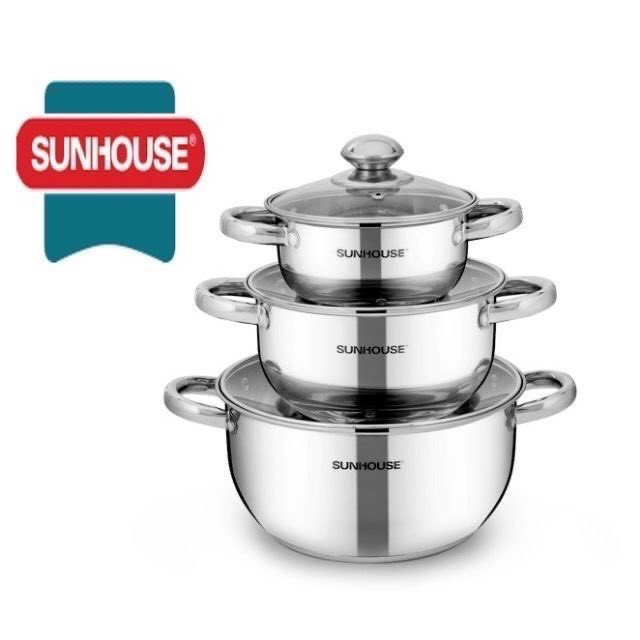 Bộ Nồi sunhouse inox 3 cái, dáy dầy 5 lớp SH781 - 3 lớp SH334 cao cấp dùng cho cả bếp từ