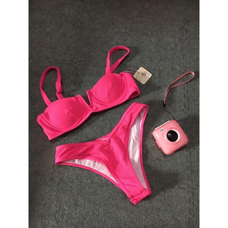 [BKN528] <ÂU> SET BIKINI VẢI GÂN CỔ V HỒNG/XANH NEON/CAM (CÓ GỌNG) | BigBuy360 - bigbuy360.vn