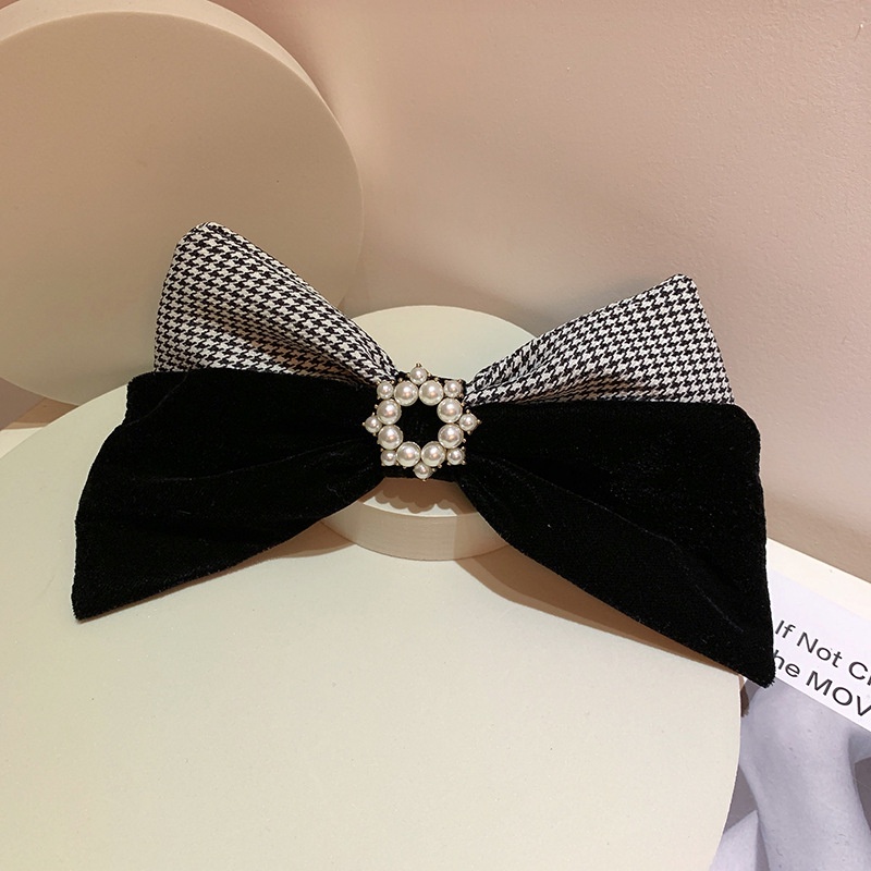 Kẹp Tóc Nơ Vải Nhung Đính Ngọc Trai Phong Cách Vintage