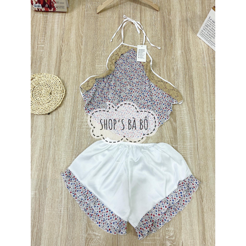 Set yếm hoa cho nữ mặc nhà, áo yếm phối ren, quần bèo, vải siêu đẹp, mặc thoải mái, co giãn