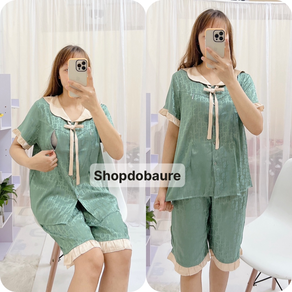 Bộ lụa gấm bầu và sau sinh áo cộc quần lửng MÙA HÈ sang xịn mịn có Nơ cổ - (BL10)