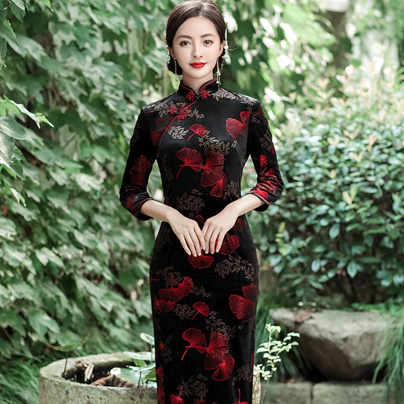 Đầm Sườn Xám Tay Lỡ Chất Nhung Thiết Kế Mới Thời Trang
