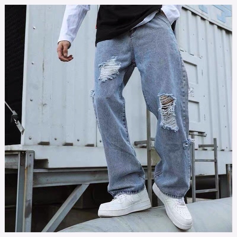 Quần bò jeans ống rộng rách cách điệu tua rua mài oversize hiphop Ulzzang siêu chất ❤️