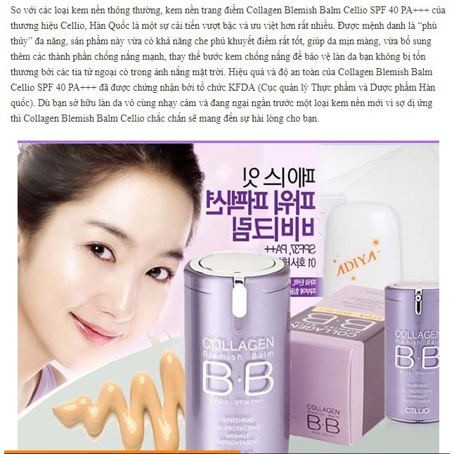 Kem Nền BB Cellio Collagen Blemish Balm SPF40 PA+++40ml #21 Light Beige: Da sáng