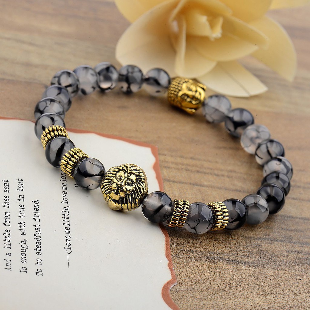 Vòng tay nam đá tự nhiên- đầu phật vàng đầu sư tử