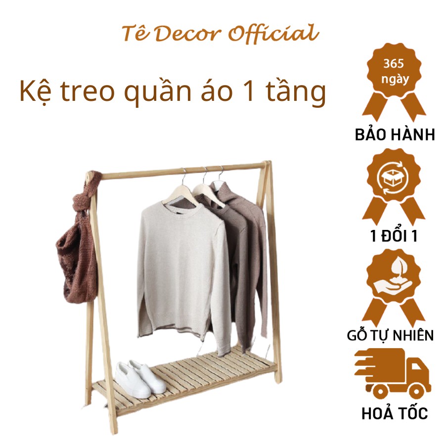 Kệ treo quần áo chữ A 1 tầng gỗ thông cao cấp - Giá treo quần áo decor chống mối mọt chịu tải - BH 12T Tê Decor Official