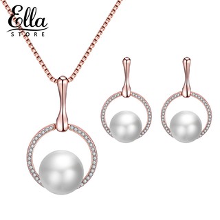 ELLA ® Faux Pearl Pendant Rhinestone Earrings Necklace Bridal Set