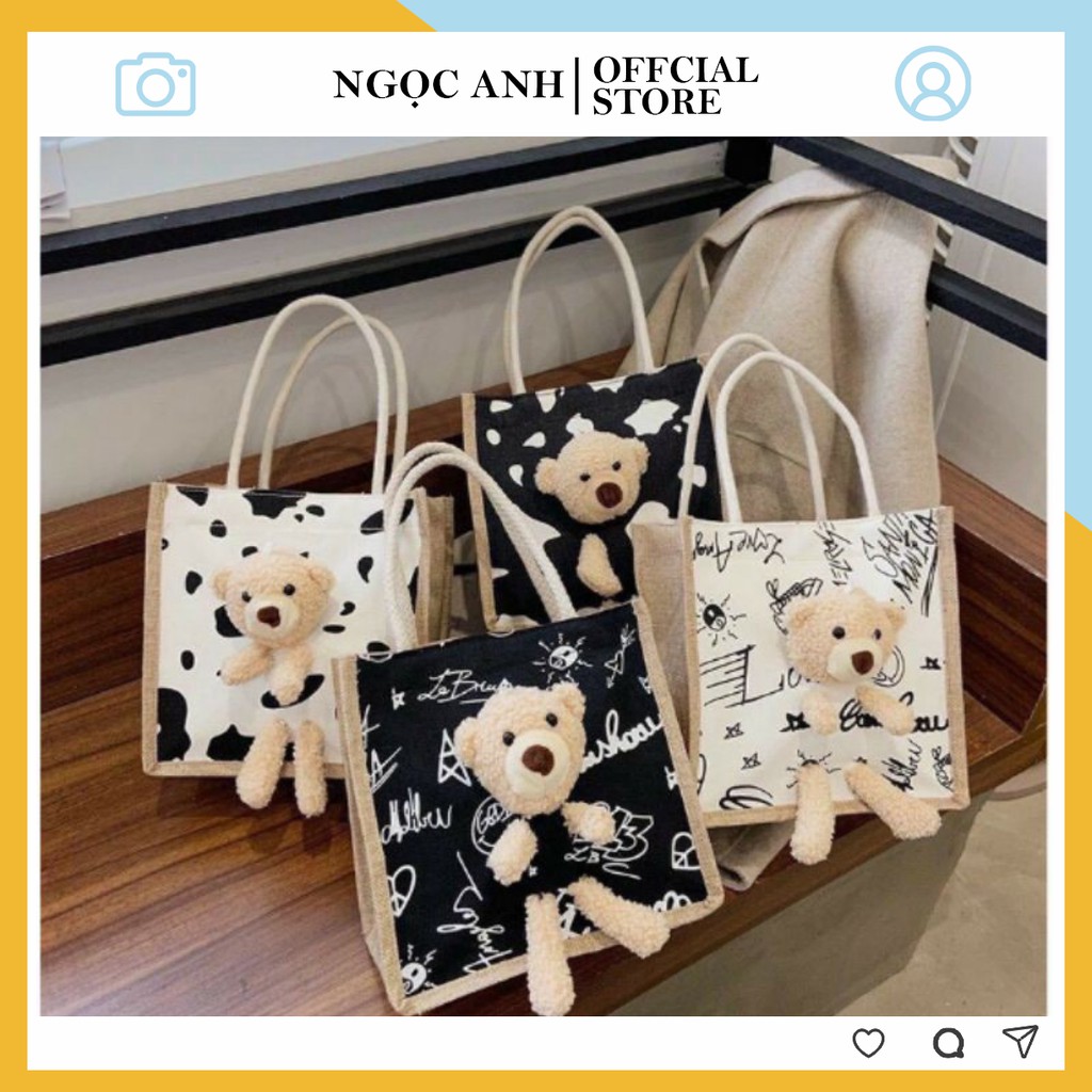 Túi Cói Vintage🌸FREESHIP🌸 Túi Đi Chơi hình Gấu Bông Loại 1 Siêu Xinh, Dày Dặn, Có Chú Gấu Bông Bên Ngoài