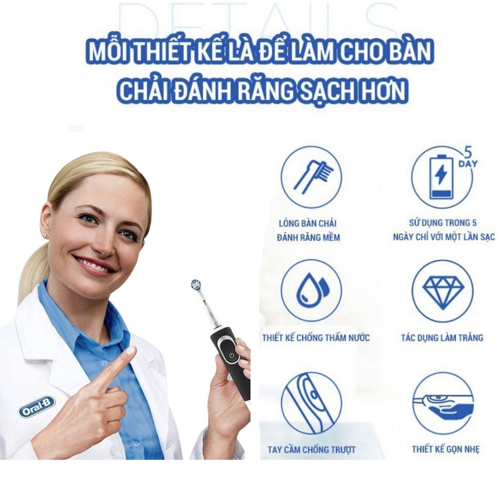 Bàn chải điện đánh răng tự động Oral B Pro 500 đen làm sạch răng, hạn chế viêm nướu