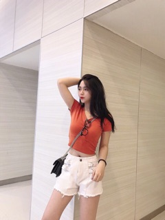 Quần Short Jean Lưng Cao Phối Khoen (100% ảnh thật)