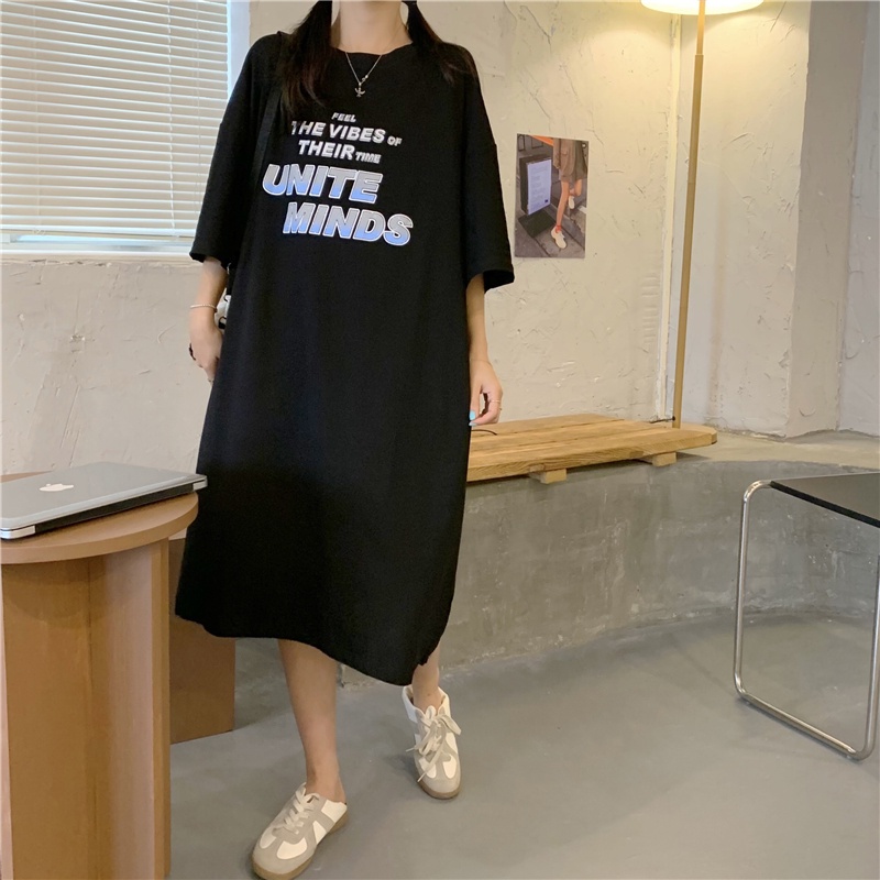 Đầm Thun Ngắn Tay Dáng Rộng In Chữ Đơn Giản Thời Trang Mùa Hè Cho Nữ