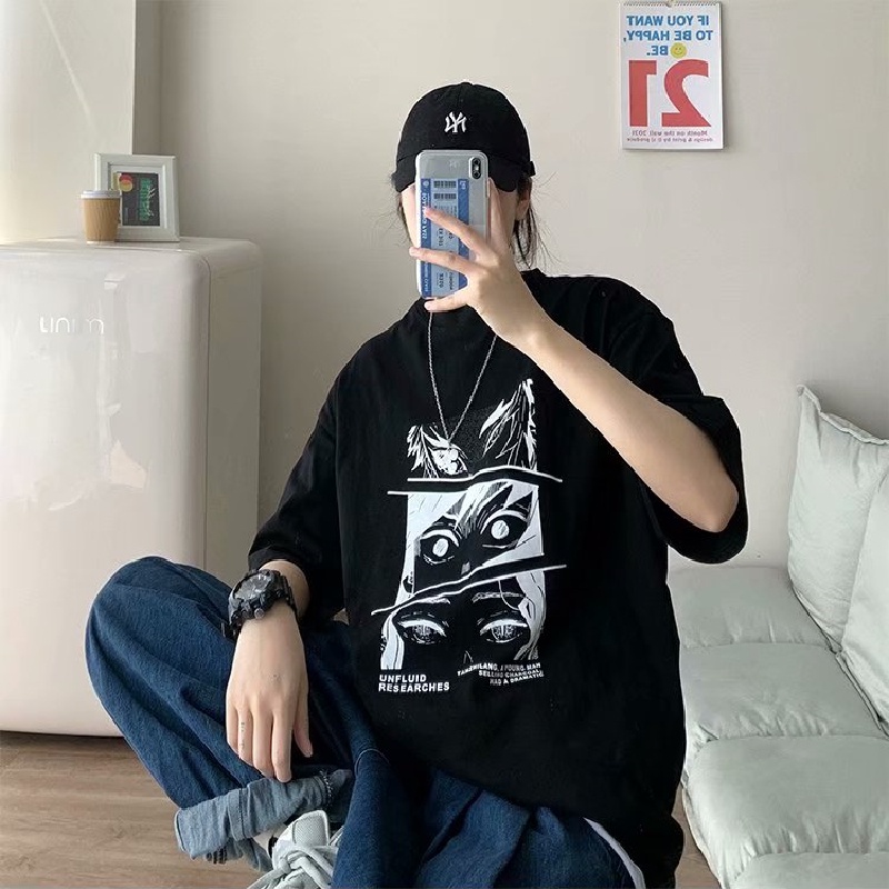 Áo thun tay ngắn dáng rộng in họa tiết hoạt hình phong cách Nhật Bản thời trang cho nam size M-5XL