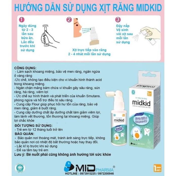 Xịt chống sâu răng Midkid cho trẻ từ 1 tuổi giúp bảo vệ men răng, ngăn ngừa ố vàng, mảng bám, làm trắng răng