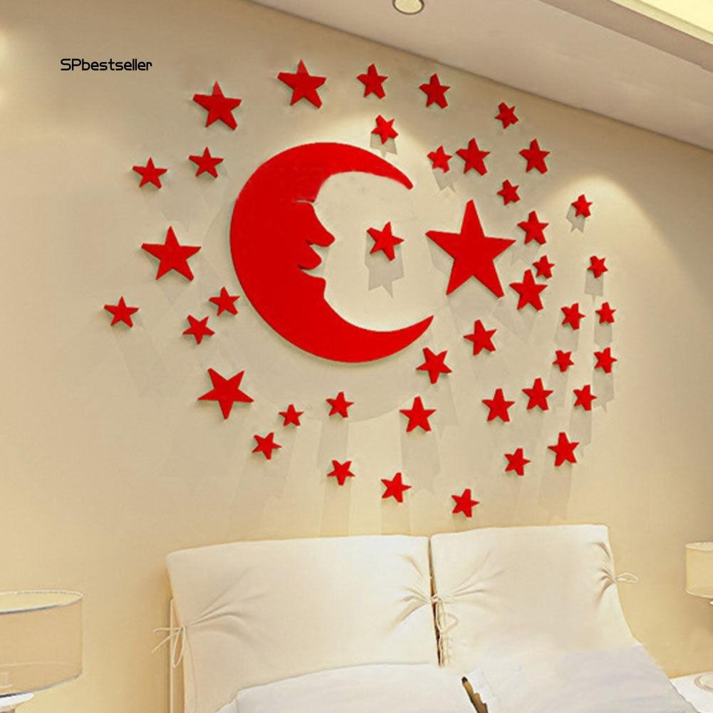 Bộ sticker tráng gương dán tường tạo hình mặt trăng + 38pcs ngôi sao