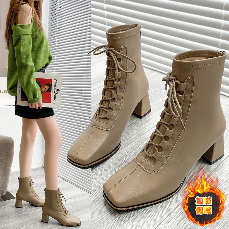 Boot Nữ Cổ Cao Giày Bốt Cao Gót 6CM Mũi Vuông