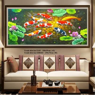 tranh thêu chữ thập cửu ngư quần hội E183 - (100*55) cm , EDB183 - (150*70)cm - tranh chưa thêu chưa thành phẩm