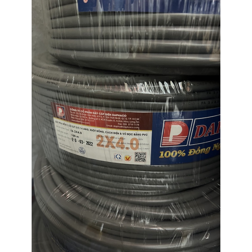 FREE SHIP  CUỘN DÂY ĐIỆN ĐÔI BỌC XÁM DAPHACO 2x4.0 (100 MÉT)