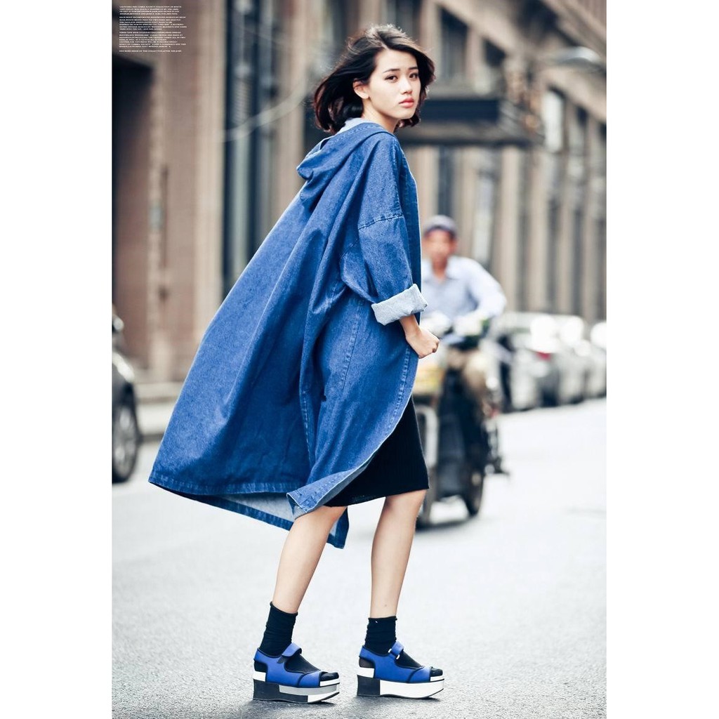 Áo Khoác Jean/Bò Dáng Dài, Rộng Mùa Thu Đông Kèm Mũ Phong Cách Châu Âu