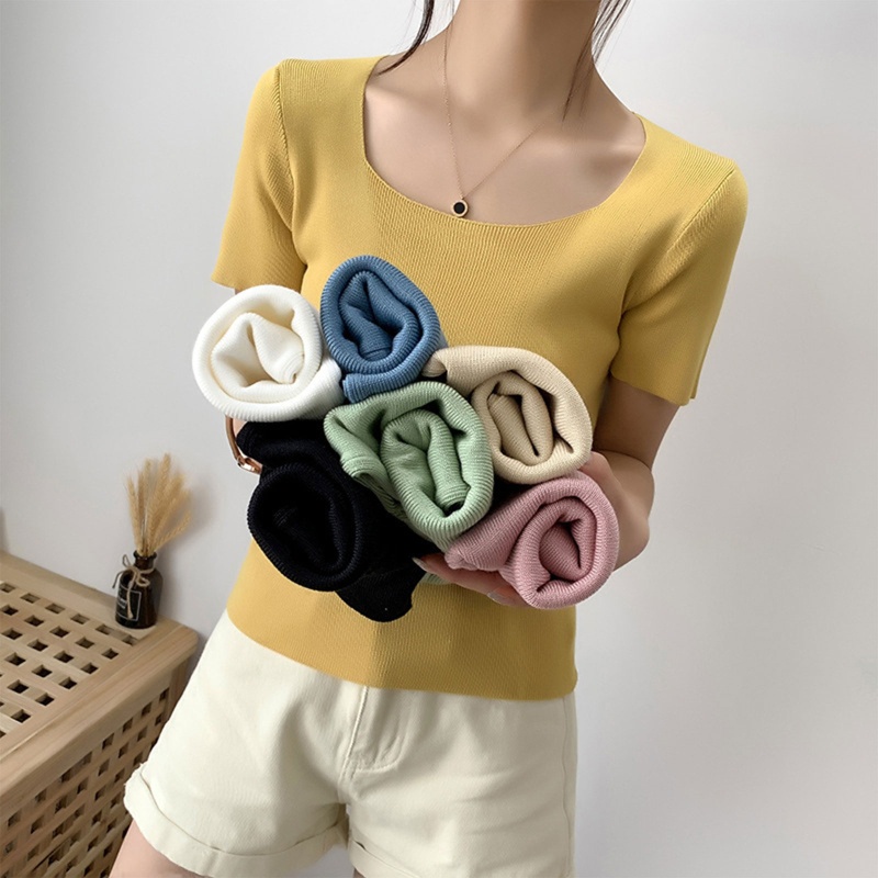 Áo Thun Dệt Kim Tay Ngắn Cổ Vuông Màu Trơn Dáng Ôm Thời Trang Cho Nữ