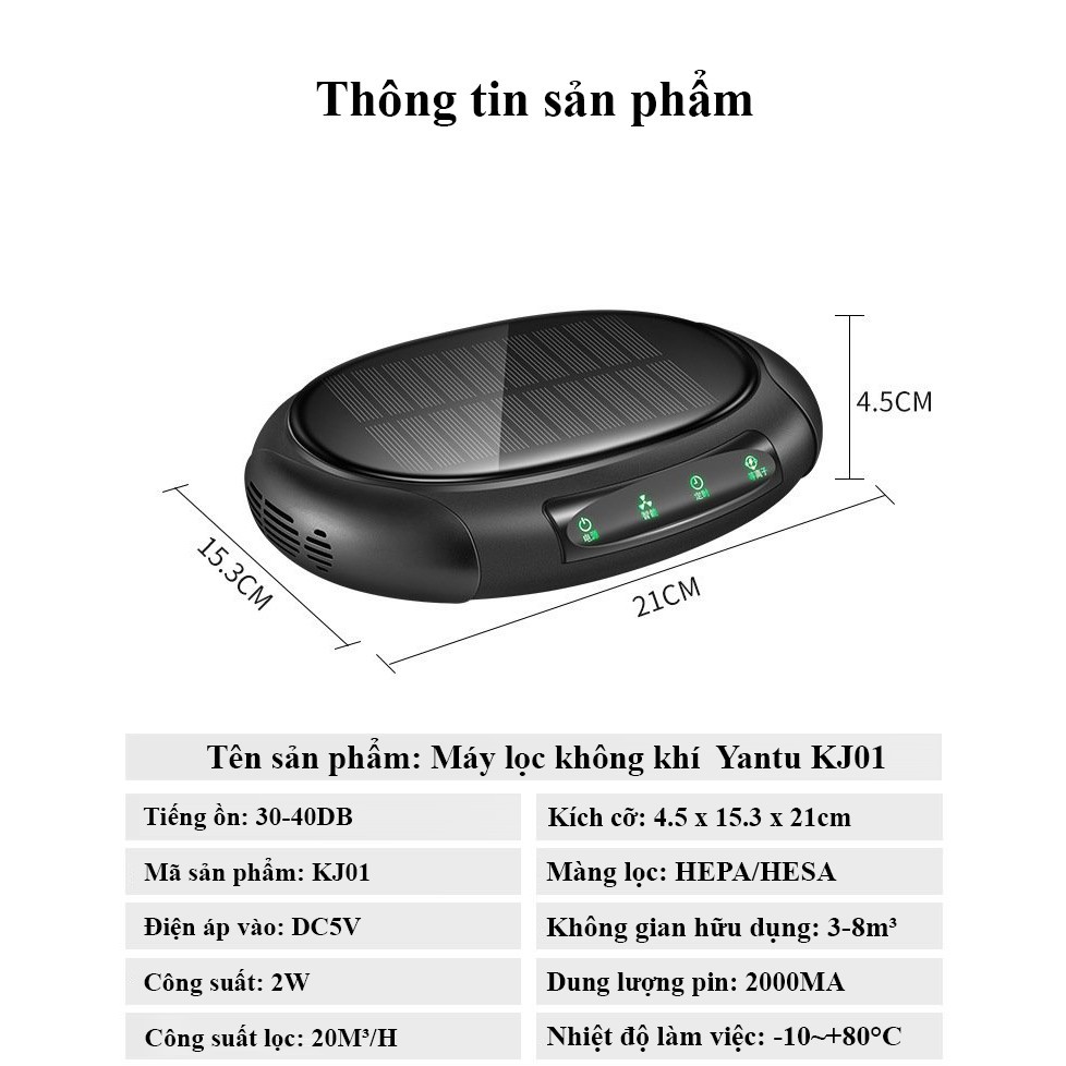 Máy lọc không khí ô tô năng lượng mặt trời Yantu KJ 01 tạo ion âm, khử mùi diệt khuẩn trên xe hơi