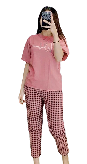 Đồ bộ nữ cotton quần caro áo thiêu chữ thoáng mát đồ bộ nữ đồ mặc nhà 6 màu bigsize 40-85kg Panda Store