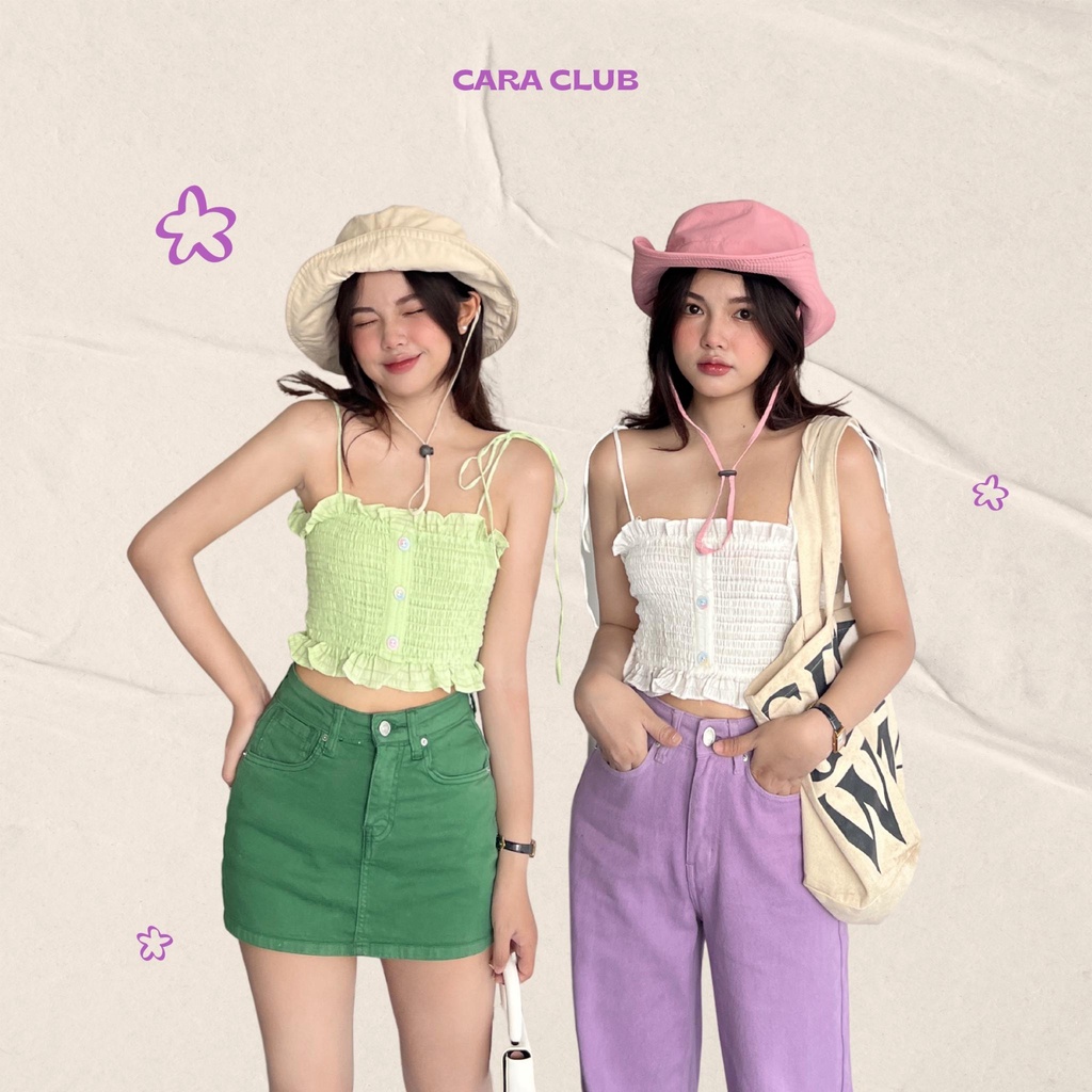 CARA Áo croptop Rum kiểu bo chun thắt nơ ở vai trẻ trung năng động phù hợp đi học dạo phố