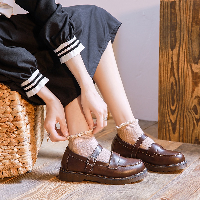 Giày Bệt Nữ, Oxfords Đế Bằng Đen Chống Trượt, Mary Janes Phong Cách Preppy (Mũi Tròn, Da)