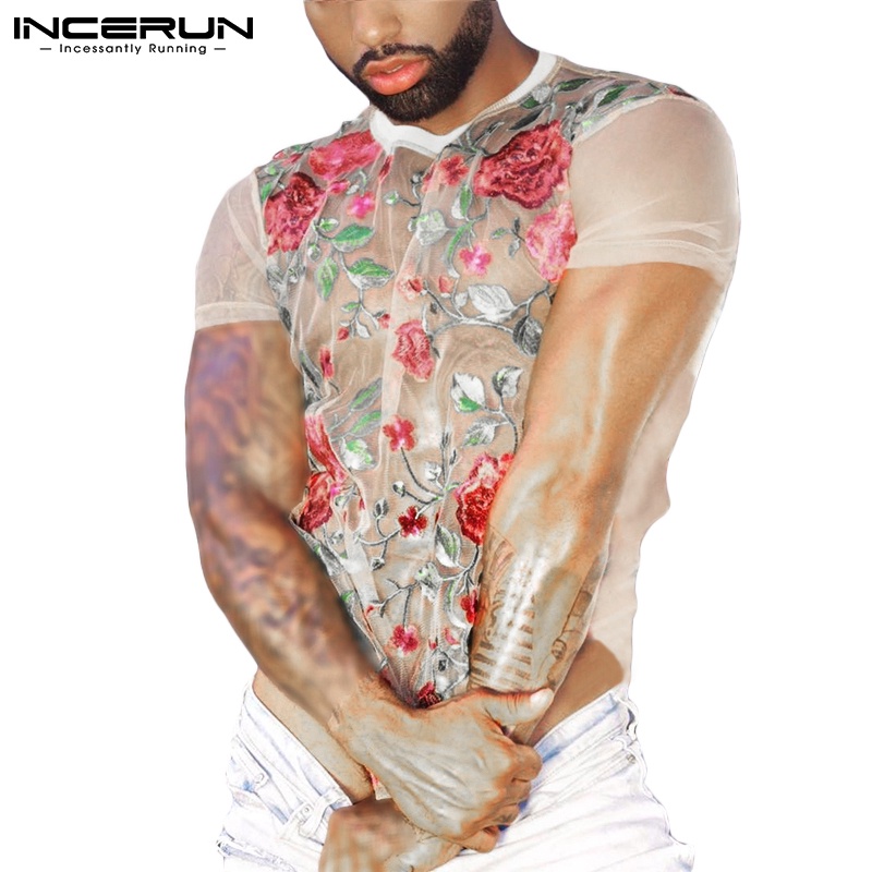 INCERUN Áo Thun Ngắn Tay Cổ Tròn Thêu Hoa Thời Trang Mùa Hè Cho Nam