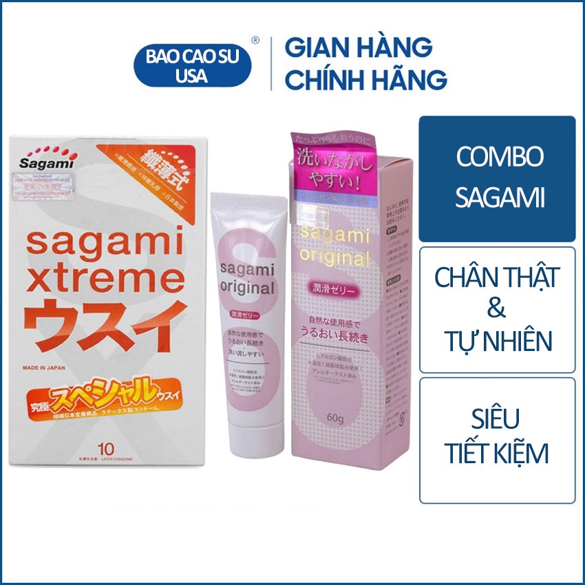 Combo bao cao su siêu mỏng Sagami Superthin 10 chiếc và gel bôi trơn tạo tự nhiên Sagami Original 60g