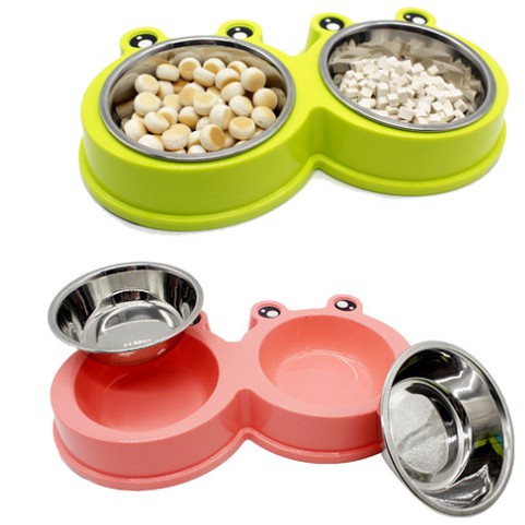 Bát ăn cho chó mèo 2 ngăn lòng inox hình ếch - Bát đựng thức ăn, uống nước cho chó mèo