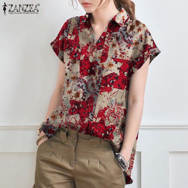 Áo sơ mi ZANZEA tay ngắn cổ bẻ in họa tiết vintage thời trang dành cho nữ