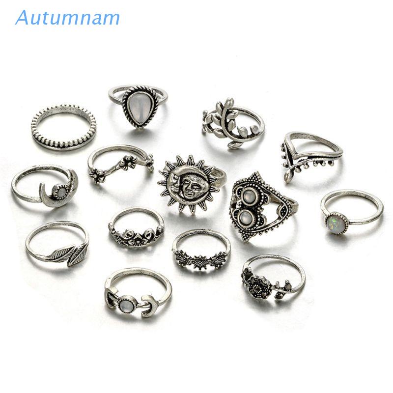Set 14 Nhẫn Màu Bạc Phong Cách Bohemian Cổ Điển Thời Trang