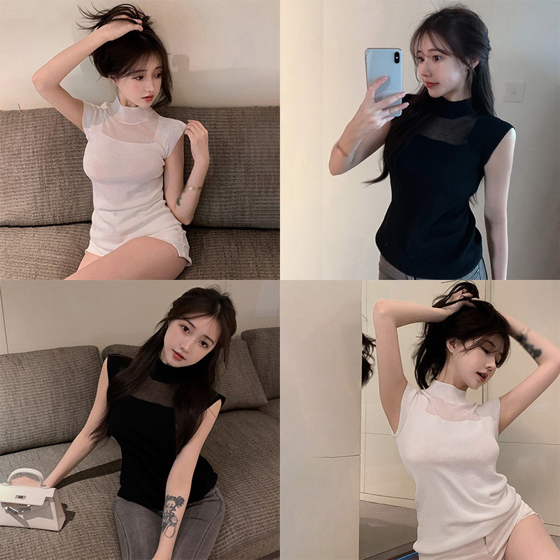 Áo Thun Đen Tay Ngắn Phối Lưới Phong Cách Hàn Quốc