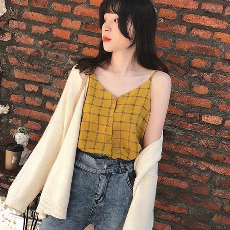 Áo Chiffon Nữ Cổ Chữ V Họa Tiết Caro