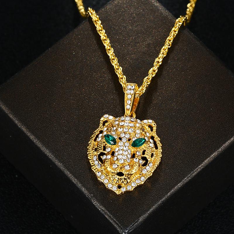 Vòng cổ Hình Đầu Hổ Đính Đá Zircon Màu Xanh Lá Cây Phong Cách Hip Hop Thời Trang Cho Nam Và Nữ