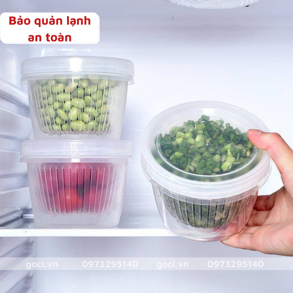 Hộp bảo quản thực phẩm tươi hành lá gừng tỏi hộp tròn tách nước đựng thức ăn để tủ lạnh tươi lâu 2 lớp ráo nước
