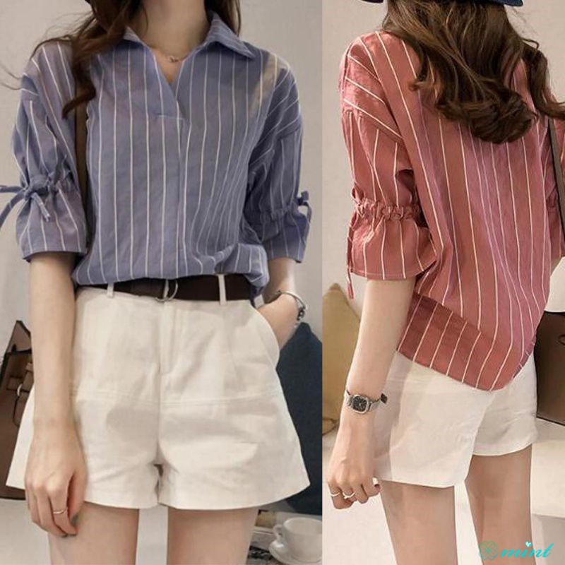 [Mã FAMAYWA giảm 10K đơn 50K] Áo kiểu tay ngắn hoạ tiết kẻ sọc thiết kế cổ chữ V nữ tính | BigBuy360 - bigbuy360.vn